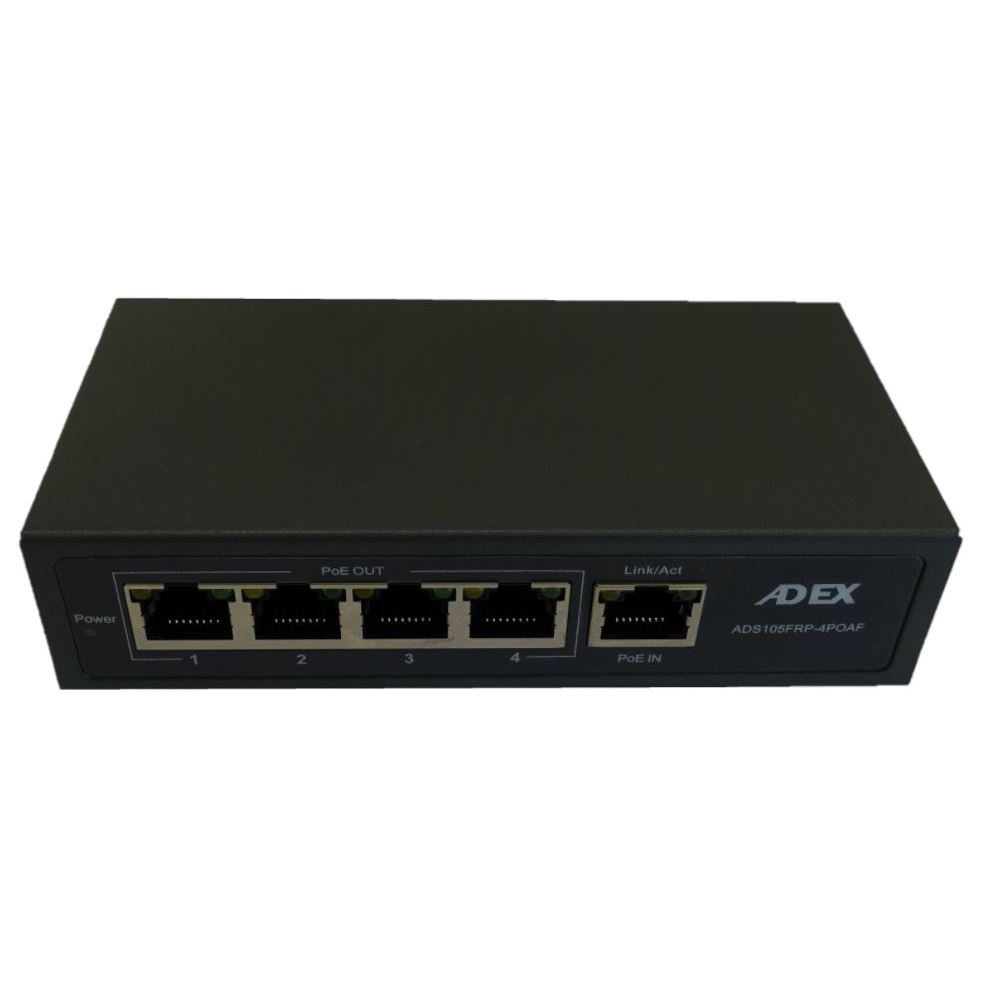 Adex ADS105FRP-4POAF Reverzní PoE switch pro CCTV; 1x PoE In; 4x PoE Out