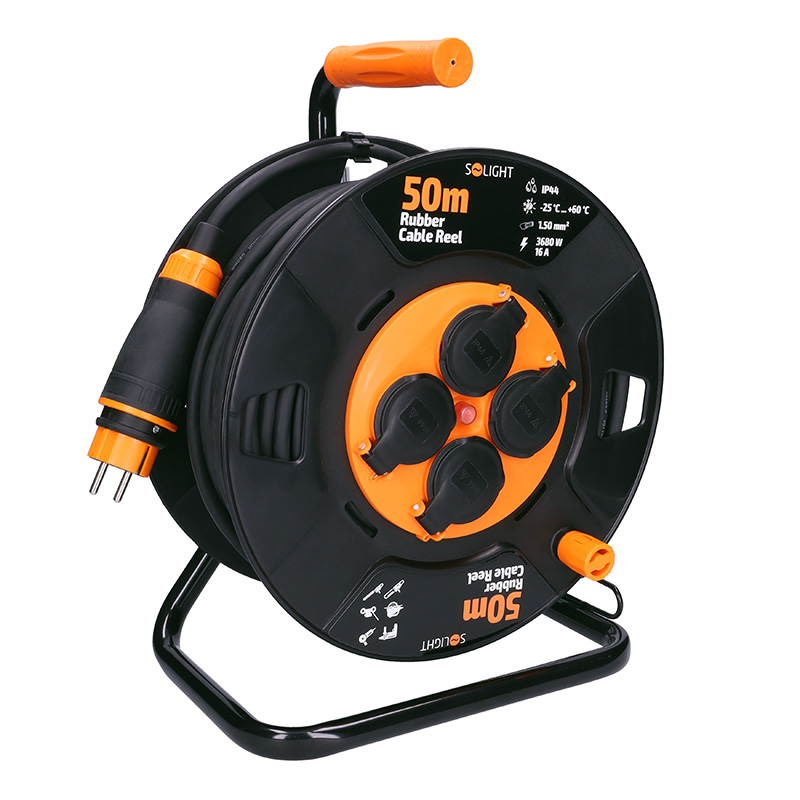 Solight PB34 prodlužovací přívod na bubnu, 4 zásuvky, venkovní, 50m gumový kabel, 3x 1,5mm2, IP44