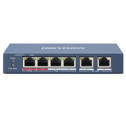 DS-3E0106HP-E switch 1x 100TX HI-PoE + 3x 100TX PoE; 2x 100TX uplink, 60W, Super PoE