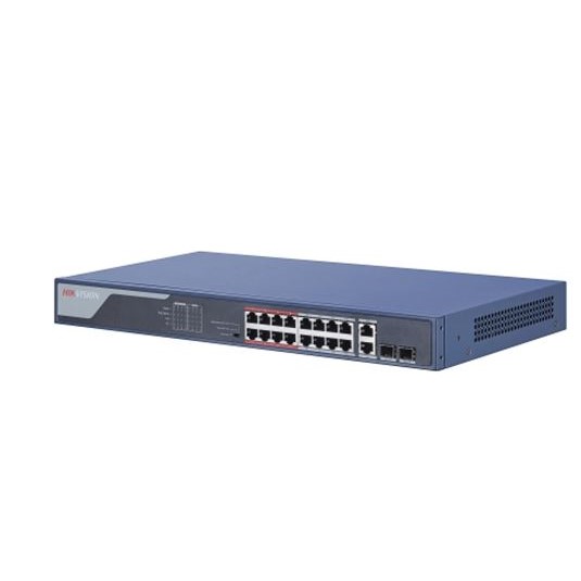DS-3E0318P-E(B) switch 16x100TX PoE + 2x Uplink 1000M Combo port, 230W, Super PoE-dosah až 250m