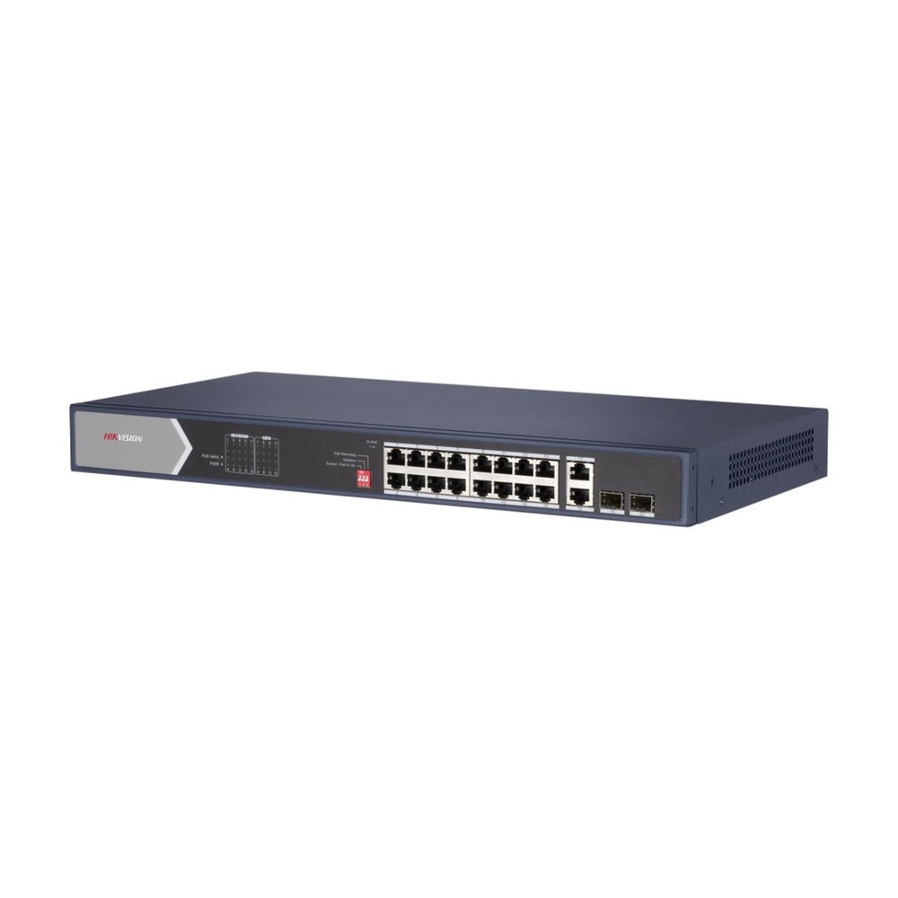 DS-3E0520HP-E Full Gb switch 16x PoE (4x HI-PoE) + 2x uplink RJ-45 + 2x uplink SFP, 225W, dosah až 300m