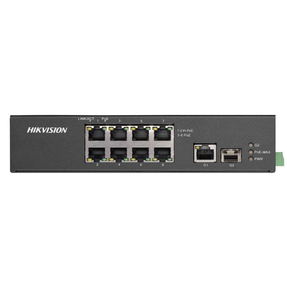 DS-3T0310HP-E/HS Průmyslový switch, 8x 100Mb PoE (2x Hi-PoE) + 1x Gb RJ45 + 1x Gb SFP, 110W, Super PoE