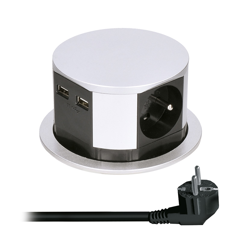 Solight PP100USB výsuvný blok zásuvek, 3 zásuvky, 2x USB, kruhový tvar nízký, prodlužovací přívod 1,5m, 3x1mm2, stříbrn